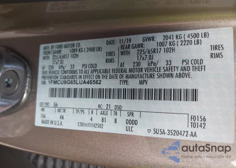 2020 Ford Escape Se z USA, uszkodzony, nr VIN 1FMCU9G65LUA46562